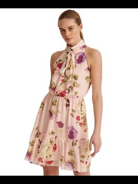 Lauren Ralph Lauren Women's Pink Floral Chiffon Sleeveless Dress - 18 - Pink